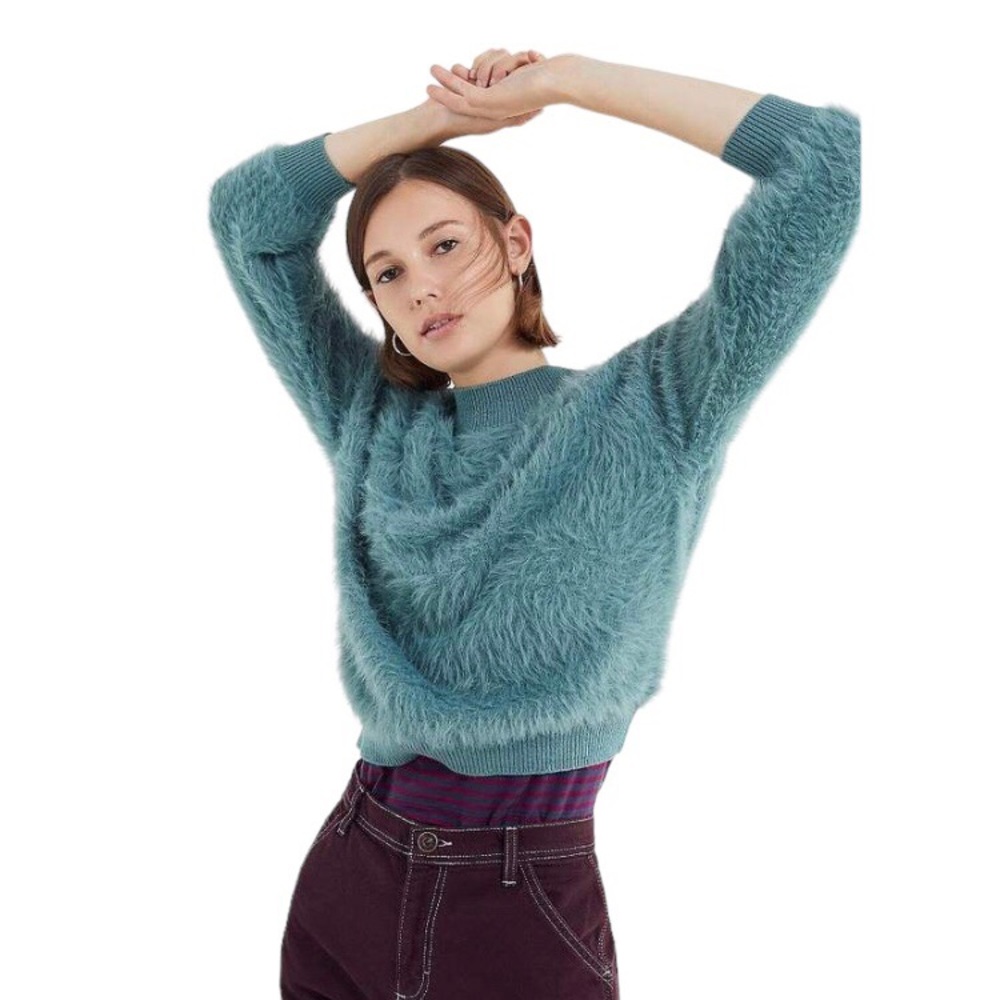Urban Outfitters Sweet As A Peach Fuzzy Mock-Neck Sweater Size Small Teal Blue